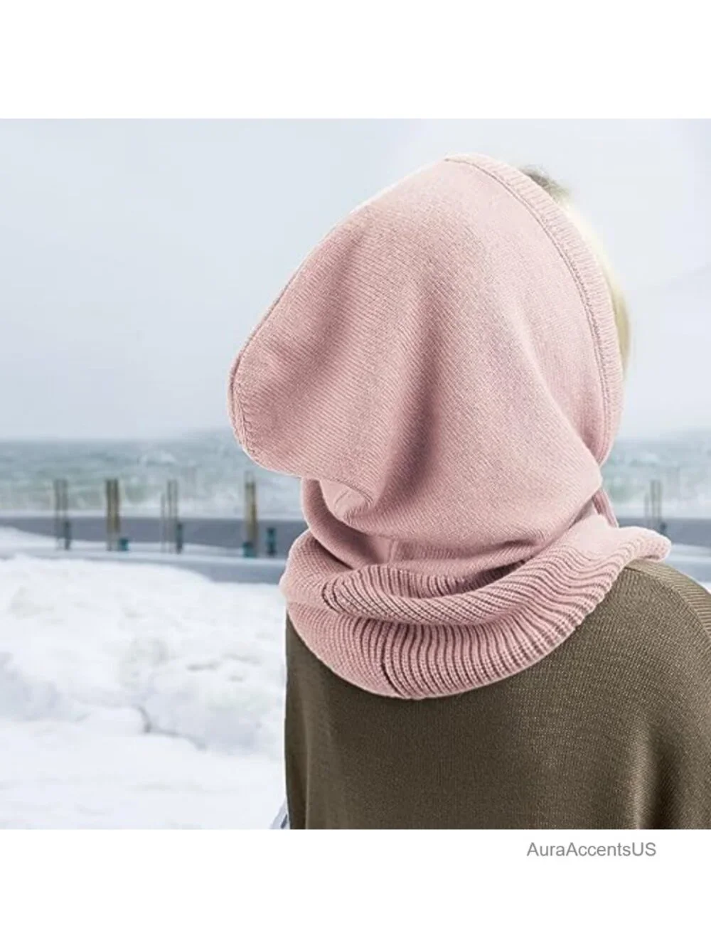 Knit Balaclava Hooded Scarf Hat Winter Beanie Unisex with Drawstring